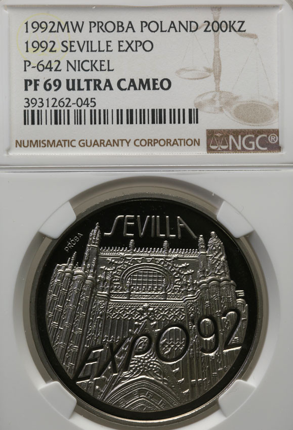III RP. PRÓBA Nikiel 200.000 złotych 1992 Expo Sevilla NGC PF69 ULTRA CAMEO